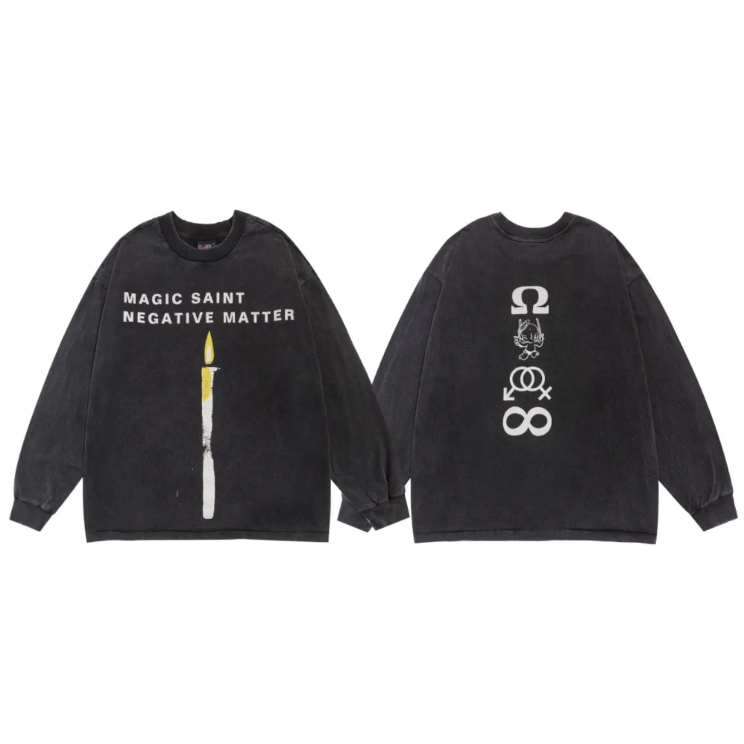 Saint Michael candle angle tee candle angel washed distressed printed loose long-sleeved bottoming T-shirt Fabric: 260g Style number: SM06 Size: S-M-L-XL Color: Black Price: P156